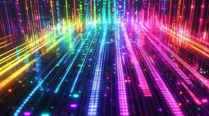 Obraz premium Vibrant Rainbow Light Trails Abstract Digital Cityscape