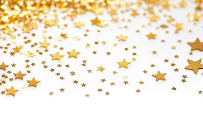 Golden star confetti on white, festive background, celebration, design