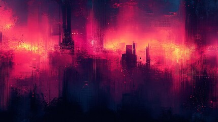 Obraz premium A painted abstract cityscape with a vibrant red and purple hue
