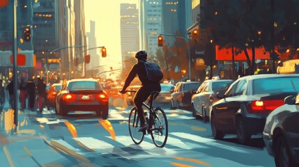 Urban Cyclist at Sunset: A Cityscape Painting