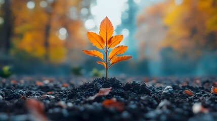 Vibrant Autumn Sprout: A solitary sprout bursts forth, its fiery orange leaves standing out against a soft, autumnal background, symbolizing growth, resilience, and the beauty of seasonal change.