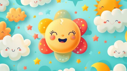 Cartoon sun and clouds in a cute sky background