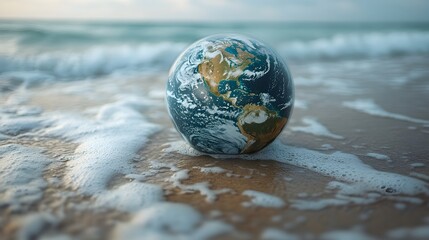 Earth's Embrace: The Earth, gracefully rests on a serene shoreline, gently caressed by the gentle waves.