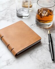 Elegant modern whisky tasting setup with journal and fountain pen on marble surface
