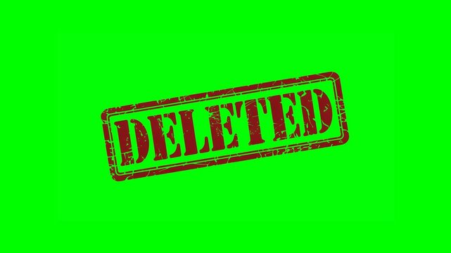 Animated "DELETED" rubber stamp seal with bold red text, featuring a zoom and hit effect on a green screen background for removed files, erased data and canceled accounts