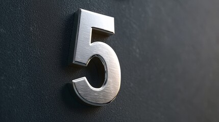Metallic Number Five on Dark Textured Wall. Modern Industrial Decor Concept