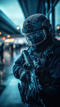 GIGN Agent in Dark Blue Uniform with Transparent Helmet and Bulletproof Shield in an Empty Airport