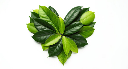 Green harmony in a heart shape made of vibrant leaves against a soft background
