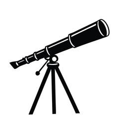 Black and white illustration of a classic telescope on a tripod, angled upward for stargazing or astronomy.