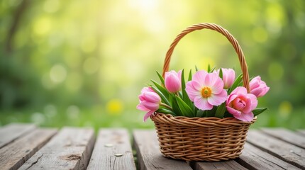 Wicker basket with pink flowers on wooden table against blurred green background. Spring floral arrangement for greeting card or poster