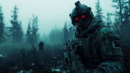 Fototapeta premium KSK Operator in Grey-Green Uniform with Night Vision Helmet in a Foggy Nordic Forest