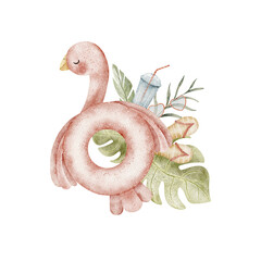 Watercolor illustration of flamingo pink inflatable circle, monmtera leaves, palm trees. Hand drawn cartoon beach accessories composition design children's cards posters invitations tableware, clothes