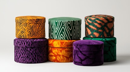 vibrant decorative storage boxes, colorful patterns and textures, stacked arrangement, isolated on white background