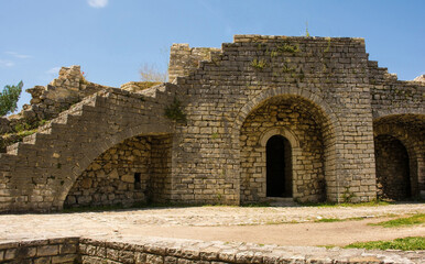 Part of the fortified gallery walls of the 13th century Berat Castle, southern Albania. A blend of Byzantine, Ottoman and medieval Albanian architectural influences. Located on Kalaja Hill 