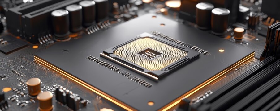 A close-up of a computer motherboard featuring a CPU socket, showcasing intricate circuits and components for high-performance computing.