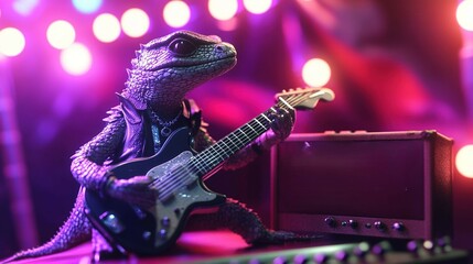 Naklejka premium A lizard dressed as a rockstar, playing an electric guitar on a miniature stage with bright lights. Great for music and entertainment concepts.