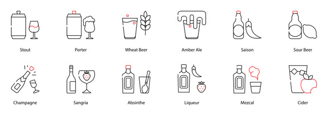 Vector Icons Set - Stout, Porter, Wheat Beer, Amber Ale, Saison, Sour Beer, Champagne, Sangria, Absinthe, Liqueur, Mezcal, Cider
