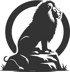 A lion sitting on a rock and gazing into the distance