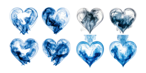 Blue and Black Smoke Heart Shapes on a Transparent Background