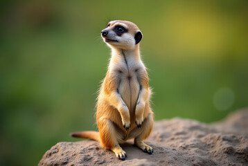 Alert meerkat standing on a rock in a natural environment