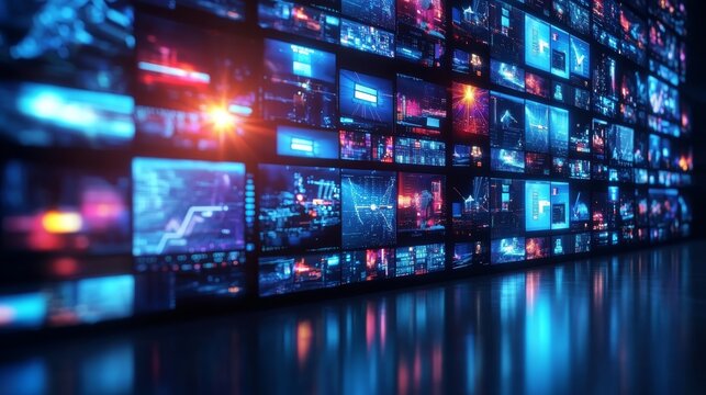 wall of TV screens, diverse channels broadcasting, high-tech digital information hub, dynamic lighting, isolated on white background