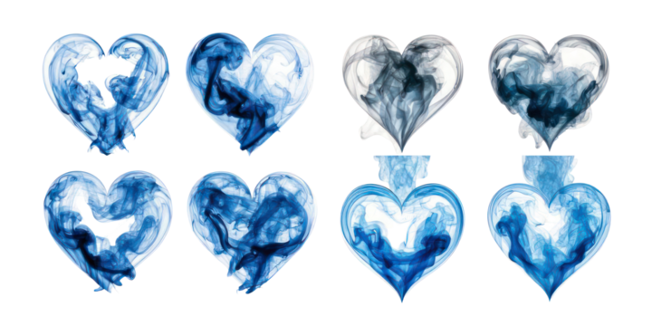 Blue and Black Smoke Heart Shapes on a Transparent Background