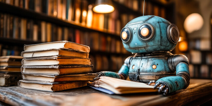 AI Robot Tutor in Library Setting Illustrating Modern Technology's Impact on Personalized Educational Services
