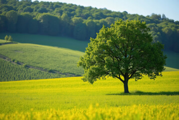 Solitary tree in a verdant field