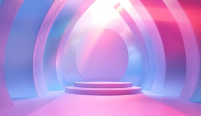 Pastel archway studio backdrop, pink podium, product display