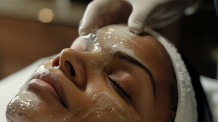 A woman is receiving a facial treatment at a spa.