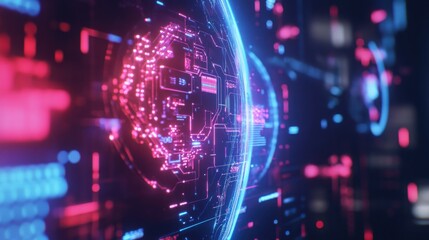 Futuristic Digital Globe with Neon Circuitry Abstract Technology Background Pink and Blue