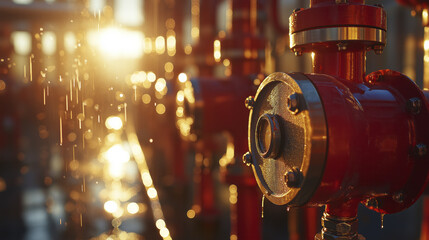 Sunlight illuminates red fire suppression pipes with water droplets creating dramatic effect. industrial setting highlights importance of safety systems in buildings