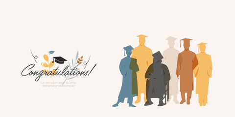Congratulation! banner. Graduation concept. Group of graduated students, wearing academic gowns and graduation caps.