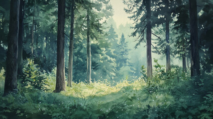 Fototapeta premium Painting shows dense, green forest radiating tranquility and depth