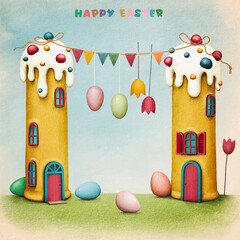 Holiday greeting card or poster for spring holiday Easter with bell with beautiful and cute Easter cake and houses and Easter Eggs.