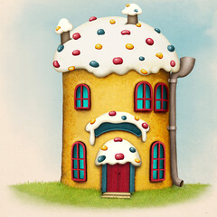 Holiday greeting card or poster for spring holiday Easter with bell with beautiful and cute Easter cake and fairy  houses 