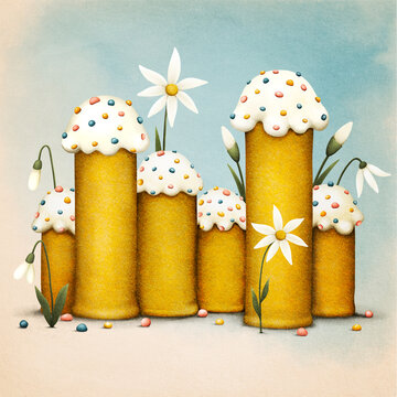 Holiday greeting card or poster for spring holiday Easter with bell with beautiful and cute Easter cake and spring flowers.