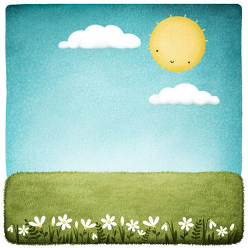 Fairytale cartoon spring background with green grass, blue sky and bright sun for illustration or greeting card. 