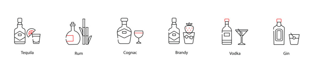 Vector Icons Set - Tequila, Rum, Cognac, Brandy, Vodka, Gin
