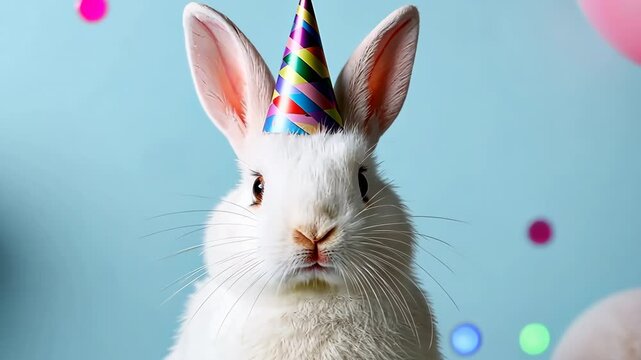 A rabbit wearing a party hat stands in front of a bunch of balloons