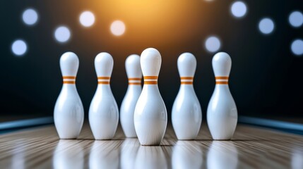 Sharp focus on ten white pins standing in formation on a bowling alley, subtle wood grain patterns on the lane and dim ambient lighting in the background