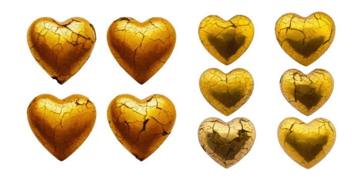 Decorative Golden Heart Shapes with Cracks for Artistic Designs