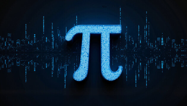 3D blue pi symbol with digital soundwave background and copy space
