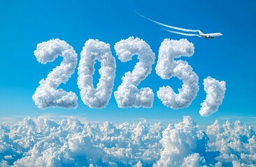 Naklejka premium 2025 future vision concept. Jet airplane draws 2025 in bright blue sky with cloud vapor trail. Optimistic image for business goals, new year promotions, travel plans. Copy space.