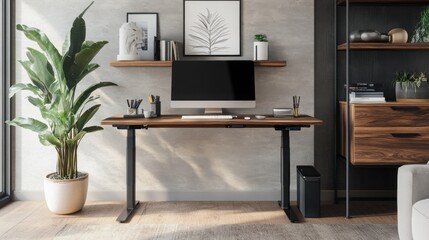 Modern Home Office Setup with Electric Standing Desk Walnut Wood and Minimalist Decor