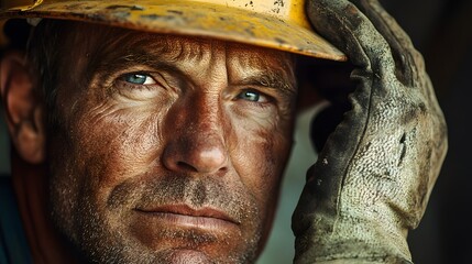 Strength in Focus: A weathered construction worker, adorned in a hardhat and work gloves, stares intently at the camera, capturing the grit and determination of a hardworking individual. 