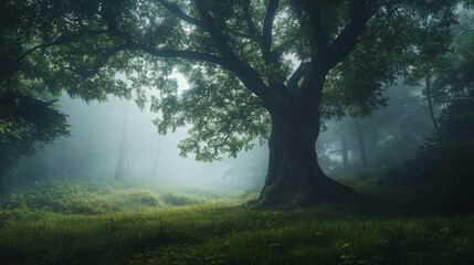 Obraz premium Majestic tree in a misty forest.