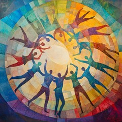 Circular Celebration of Unity: A vibrant illustration depicts a diverse group of people holding hands and dancing in a circular formation, radiating a sense of harmony and collective joy.