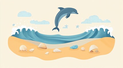 Obraz premium Jumping Dolphin Over Blue Waves and Sandy Shore with Shells and Starfish Art