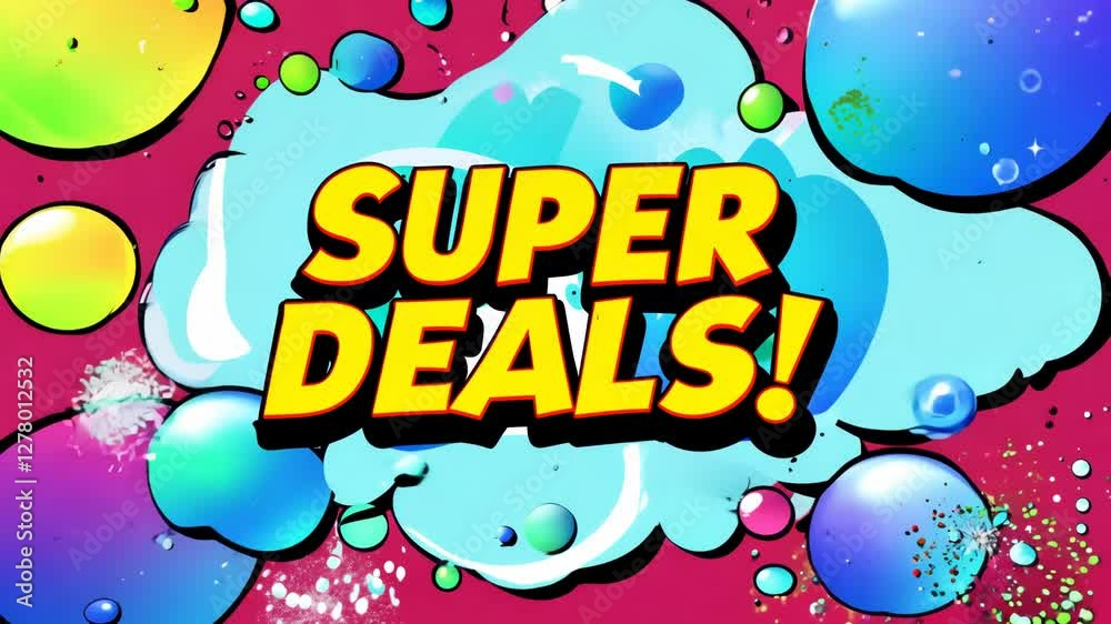 Poster a colorful sign that says super deals. it is surrounded by many colorful bubbles. the bubbles are in